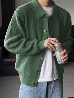 Men's Solid Color Loose Knitted Cardigan, Casual Stretch Button Breathable Long Sleeve Collared Sweater Green Casual  Long Sleeve Knitwear Plain  Medium Stretch  Men Clothing, size features are:Bust: ,Length: ,Sleeve Length: 대학생 스타일, Mens Knitted Cardigan, Korean Mens Fashion, Retro Cardigans, Baggy Sweaters, Crop Pullover, Classy Outfits Men, Cardigan Sweater Coat, Streetwear Men