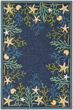 a blue rug with starfish and corals on it