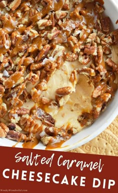 caramel pecan cheesecake dip in a white bowl