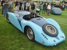 a blue race car parked on top of a lush green field