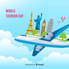 an airplane is flying in the sky with landmarks around it and words that read world tourism day