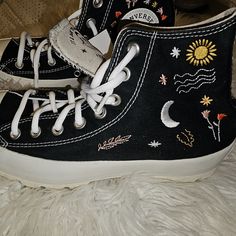 Chuck Taylor All Star It's Ok To Wonder Sz. 9. Flowers Sun Moon Leaves Chuck Taylor All Star Lift, It's Okay, Womens Converse, Chuck Taylor All Star, Sun Moon, Converse Shoes, Chuck Taylor, Chuck Taylors, All Star