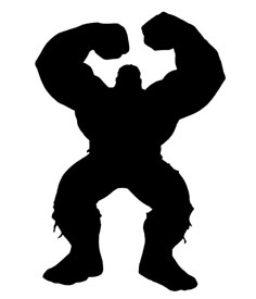 the silhouette of a muscular man flexing his muscles in front of a white background