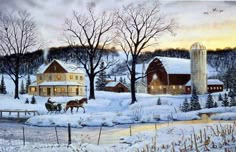 a painting of horses pulling a sleigh across a snowy country road in front of a barn and silo