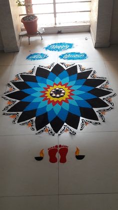 the floor has been decorated with colorful designs