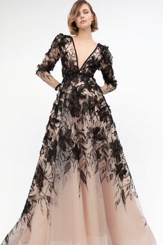 Description Black A-line, Long dress Fitted, Long Sleeves Plunging neckline Lace, Tulle Dry Clean Made in Spain SKU 22-50 Black Fr, Beautiful Evening Dresses, Haute Couture Gowns, Buy Wedding Dress, Midi Dress Style, Floral Gown, Embroidered Tulle, Luxury Wedding Dress, Guest Dress