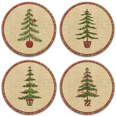 four coasters with christmas trees and presents on the bottom one is red, white and green