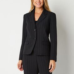 Made from a soft, woven fabric, this single-breasted women's pinstripe blazer by Black Label by Evan-Picone looks great layered over a camisole paired with its matching trousers. It's cut for a classic-fit with a notch lapel collar, long sleeves, side flap pockets, and a button closure.Front Style: Single BreastedClosure Type: ButtonFit: Classic FitPockets: 2 Front Flap PocketsSleeve Length: Long SleeveSleeve Style: Fitted SleeveApparel Length: 23.5 InchesFiber Content: 98% Polyester, 2% ViscoseFabric Description: WovenLining: LinedLining Material: PolyesterCare: Dry Clean OnlyMaterial: Polyester BlendCountry of Origin: Imported Pin Stripe Suit, Pinstripe Blazer, Suit Jackets For Women, Pinstripe Suit, Suit Jackets, Black Label, Lapel Collar, Flap Pocket, Single Breasted