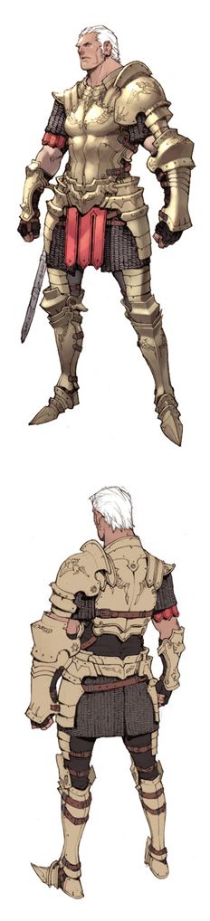 three different poses of an old man in armor