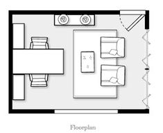 a floor plan for a living room with furniture and decor on the walls, along with a dining area