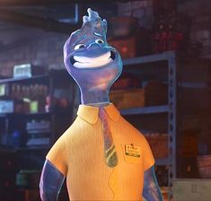 an animated man wearing a yellow shirt and tie in front of shelves with other items