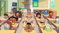 cartoon characters are sitting at their desks in a classroom with many other people behind them