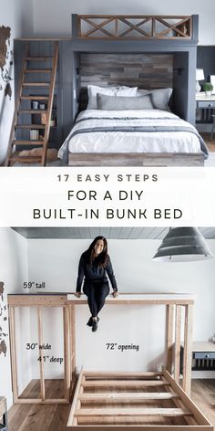 the bed frame is made out of wood and has been built into an elevated platform