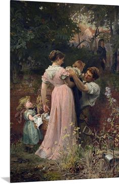 an image of a painting of a man and woman in the woods with two children