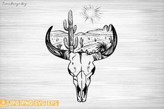 a drawing of a bull skull with cactus and mountains in the background, on wood