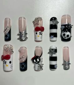 Emo Hello Kitty, Kitty Nails, Unghie Nail Art, Goth Nails, Hello Kitty Nails