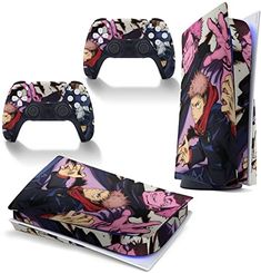 three different video game controllers with anime characters on the front and back covers, one is black