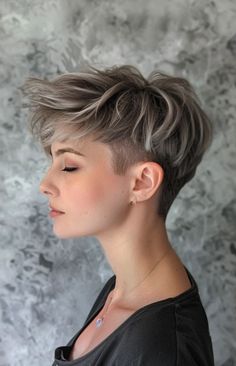 Short Faded Pixie Haircuts, Short Hair Styles With Undercut, Mushroom Blonde Short Hair, Pixie With Fade, Pixie Hairstyles For Thick Hair, Pixie Cut Chubby Face, Pixie Undercut Hairstyles, Grey Pixie Haircut, Disconnected Pixie