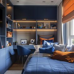 a bed room with a neatly made bed next to a book shelf and a window