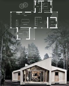 a house in the woods with floor plans on it and an image of its surroundings