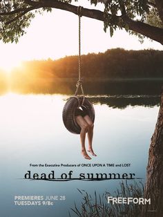 a poster for the movie dead of summer with a woman on a swing hanging from a tree