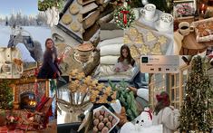 a collage of pictures with people and christmas items in them, including cookies, trees, candles, gifts, presents, and other decorations