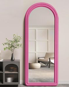 a large pink mirror sitting on top of a wall next to a vase with a plant in it