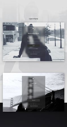 three different webpages with black and white images on them, one showing a man sitting