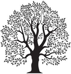 a black and white tree with leaves on it's branches, in the shape of a