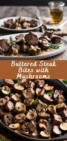 buttered steak bites with mushrooms in a cast iron skillet