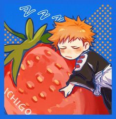 a painting of a boy leaning on a large strawberry with the words hello to you written above it