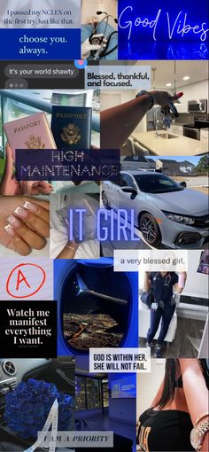 a collage of images with words and pictures on them, including an image of a car