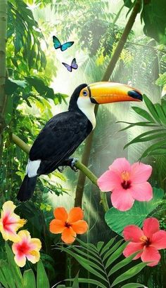 a toucan sitting on a branch surrounded by tropical plants and flowers with butterflies