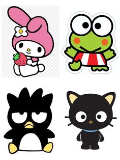 four different stickers with cartoon animals and cats in the same color, including one black cat