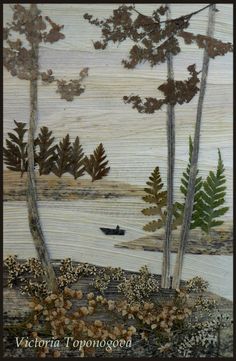 an image of a painting on wood with trees and boat in the water behind it