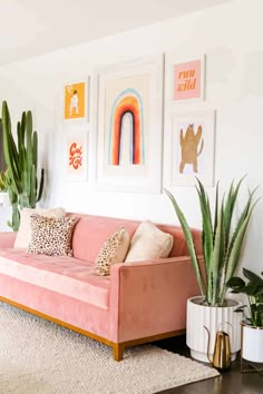 a living room with pink couches and potted cacti in the corner