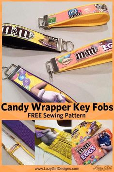 candy wrapper key fobs with free sewing pattern and instructions to make them