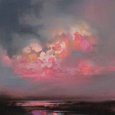 an abstract painting of pink and purple clouds in the sky over a body of water