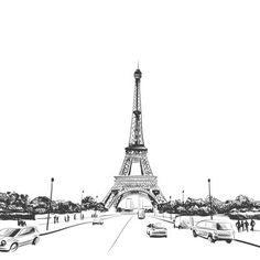 a drawing of the eiffel tower in paris, france with cars driving by