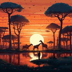 a painting of giraffes and zebras at sunset