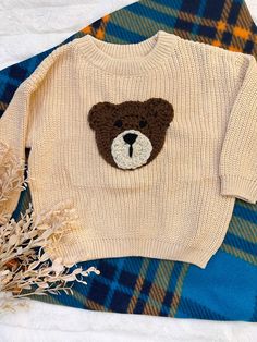 a sweater with a teddy bear on it sitting next to some dry grass and a plant