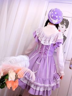 Purple Flying Sleeve Lace Sweet Lolita Dress Spring Ruffle Dress For Cosplay, Ruffled Dress For Spring Cosplay, Spring Cosplay Dress With Doll Collar, Fairy Kei Dresses For Spring Cosplay, Fairy Kei Dresses For Cosplay In Spring, Fairy Kei Dresses For Cosplay And Spring, Fairy Kei Ruffle Dress For Costume Party, Vintage Cosplay Dresses For Spring, Vintage Spring Dresses For Cosplay