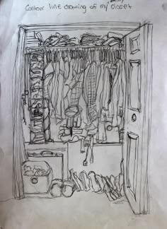 a drawing of an open closet filled with clothes