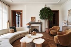 a living room filled with furniture and a potted plant on top of a table