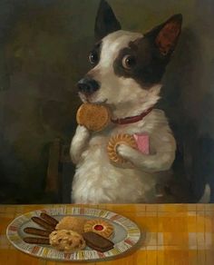 a painting of a dog holding a cookie in its mouth