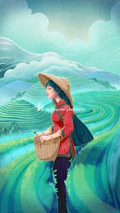 a painting of a woman carrying a basket in the water with mountains and clouds behind her