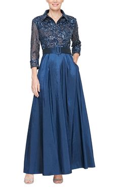 navy Elegant Blue Embroidered Floor-length Dress, Blue Floor-length Dress With Intricate Embroidery, Blue Non-stretch A-line Maxi Dress, Blue Floor-length Evening Dress With Floral Embroidery, Blue Embellished A-line Evening Dress, Outfit Wedding Guest, A Line Cocktail Dress, Alex Evenings, Embroidered Bodice