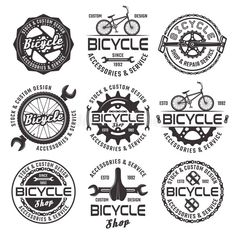 bicycle shop logos and emblems with different types of bikes on white background stock photo, royalty