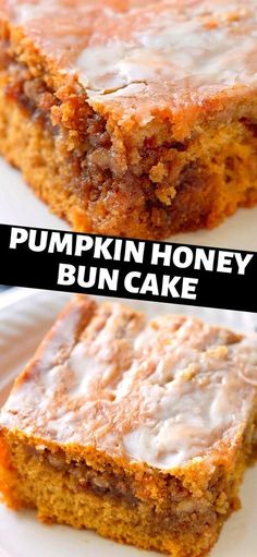 two slices of pumpkin honey bun cake sitting on top of each other with white frosting