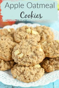 apple oatmeal cookies on a white plate with apples in the background and text overlay